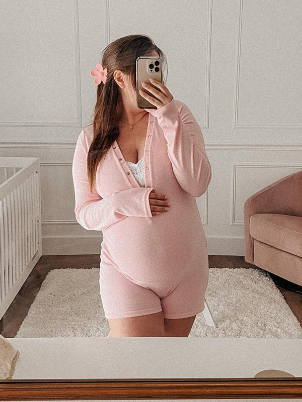 Momnfancy Pink Single Breasted V-Neck Bodycon Cute Shorts Maternity Jumpsuit