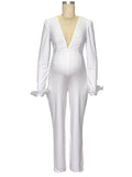 Momnfancy Solid Color Sashes Oblique Shoulder Irregular Collar Maternity Jumpsuit