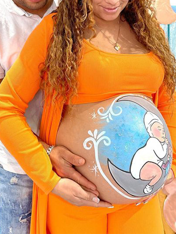 Momnfancy Orange Vest Off Shoulder Crop Bodycon 2-in-1 Cardigan Plus Size Baby Shower Maternity Jumpsuit