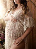 Momnfancy Cut Out Slit Lace Sheer Photoshoot Boho Flowy Crochet Cover-Up Smock Maternity Dress