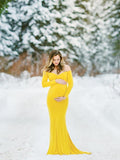Momnfancy Solid Color Off Shoulder Mermaid Babyshower Maternity Maxi Dress
