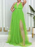Momnfancy Solid Grenadine Backless Slit Photoshoot Tulle Flowy Maternity Maxi Dress