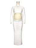 Momnfancy Solid Color Ruffle High Neck Crop Top 2-in-1 Long Sleeve Bodycon Club Party Photoshoot Maternity Maxi Dress
