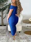 Momnfancy Blue Ruched Off Shoulder Cross Chest Elegant Bodycon Baby Shower Maternity Midi Dress
