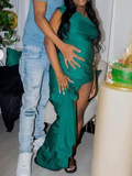 Momnfancy Green Asymmetric Shoulder Side Slit Mermaid Bodycon Jungle Theme Baby Shower Prom Party Maternity Maxi Dress