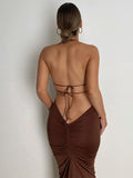 Momnfancy Crop Spaghetti Strap Bodycon 2-in-1 Ruched Lace Up Backless Halter Neck Fashion Baby Shower Photoshoot Maternity Maxi Dress