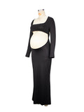 Momnfancy Black Long Cut Out Backless Long Sleeve Bandeau Bodycon Photoshoot Maternity Maxi Dress