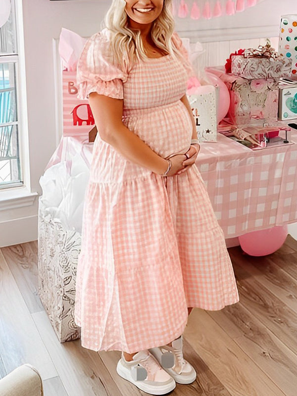 Momnfancy Pink Plaid Square Neck Puff Sleeve Backless Baby Shower Party Maternity Maxi Dress