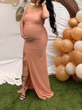 Momnfancy Apricot Off Shoulder Side Slit Banquet Photo Gown Baby Shower Maternity Evening Maxi Dress