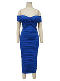 Momnfancy Blue Ruched Off Shoulder Cross Chest Elegant Bodycon Baby Shower Maternity Midi Dress