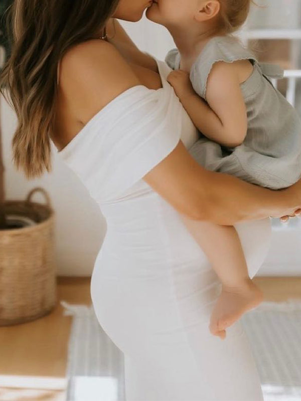 Momnfancy White Solid Color Off Shoulder Elegant Photoshoot Baby Shower Maternity Bodycon Romper Jumpsuit