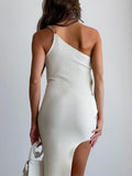 Momnfancy Solid Backless One Shoulder Cut Out Slit Baby Shower Party Maternity Midi Dress