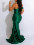 Momnfancy Green Asymmetric Shoulder Side Slit Mermaid Bodycon Jungle Theme Baby Shower Prom Party Maternity Maxi Dress
