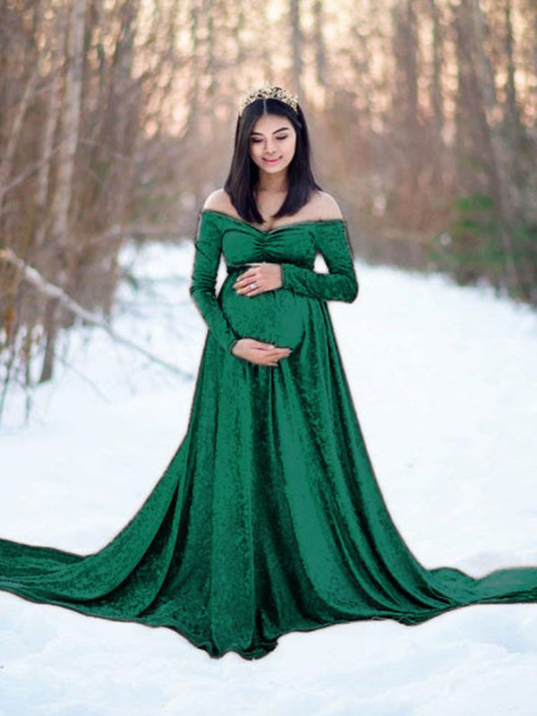 Momnfancy Off Shoulder Velvet  Long Sleeve Baby Shower Maternity Maxi Dress