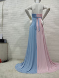 Momnfancy Pink-Blue Lace V-neck Cami Spaghetti Strap Slit Backless Gender Reveal Photoshoot Cute Maternity Photoshoot Maxi Dress