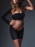Momnfancy Black Irregular Cut Out One Shoulder Shports Yoga Pregnancy Fashion Maternity Short Jumpsuit