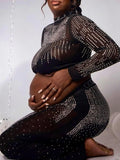 Momnfancy Black Mesh Two Piece Bodycon Diamond Photoshoot Plus Size Elegant Maternity Maxi Dress