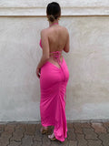 Momnfancy Crop Spaghetti Strap Bodycon 2-in-1 Ruched Lace Up Backless Halter Neck Fashion Baby Shower Photoshoot Maternity Maxi Dress