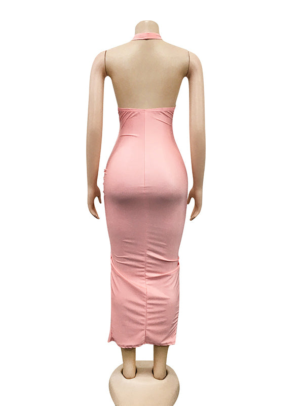 Momnfancy Halter Neck Backless Cut Out Drawstring Side Slit Bodycon Fashion Photoshoot Club Maternity Maxi Dress