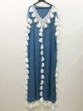 Momnfancy Blue Fringe V-neck Knitwear Robe Style Smock Oversize Maternity Maxi Dress