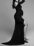 Momnfancy Side Slit Off Shoulder Pregnancy Photoshoot Gown Mermaid Baby Shower Maternity Maxi Dress