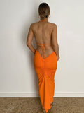 Momnfancy Crop Spaghetti Strap Bodycon 2-in-1 Ruched Lace Up Backless Halter Neck Fashion Baby Shower Photoshoot Maternity Maxi Dress