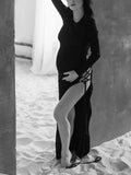 Momnfancy Black Bodycon Thigh High Side Slits Tie Back Lace Up Backless Chic Maternity Maxi Photoshoot Dress