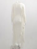 Momnfancy White Ruffle Dolman Sleeve Wavy Edge Long Train Elegant Bodycon Photoshoot Maternity Maxi Dress