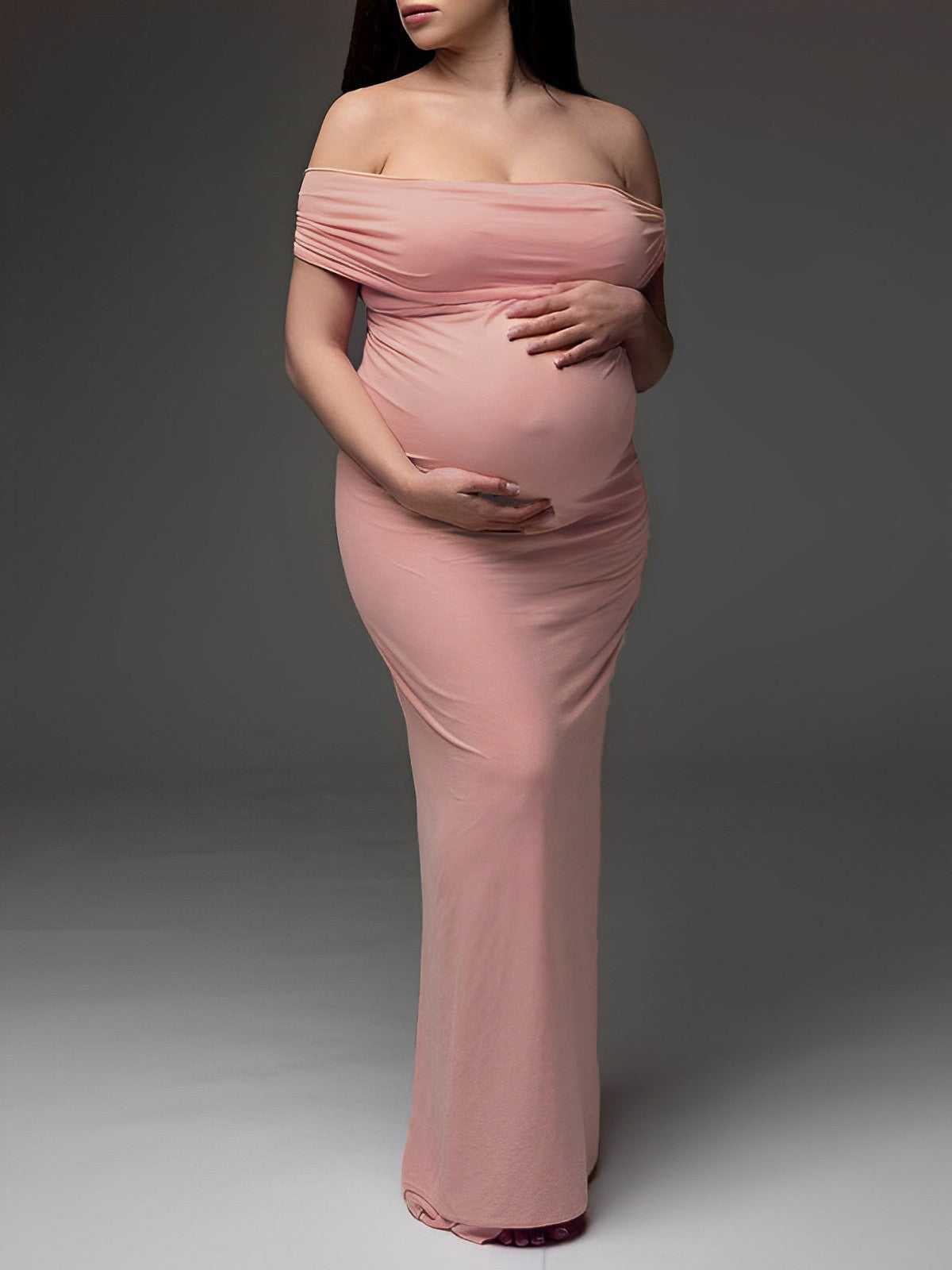 Momnfancy Pink Off Shoulder Ruched Boat Neck Bodycon Photoshoot Maternity Maxi Dress