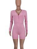 Momnfancy Pink Single Breasted V-Neck Bodycon Cute Shorts Maternity Jumpsuit