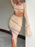 Momnfancy Apricot Sheer Mesh Irregular Crop Ruffle One Shoulder Geometric Lines Two Piece Maternity Club Party Photoshoot Mini Dress