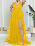 Momnfancy Solid Grenadine Backless Slit Photoshoot Tulle Flowy Maternity Maxi Dress