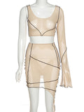 Momnfancy Apricot Sheer Mesh Irregular Crop Ruffle One Shoulder Geometric Lines Two Piece Maternity Club Party Photoshoot Mini Dress