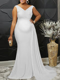 Momnfancy White Side Slit V-Neck Spaghetti Strap Trailing Sleeveless Evening Maternity Maxi Dress