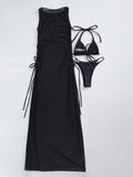 Momnfancy Black Drawstring High Slit Mesh Three Piece Pregnancy Maternity Bikini Swimwear