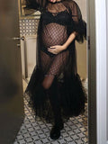 Momnfancy Black Tulle Ruffle Grenadine Irregular Plus Size Photoshoot Maternity Midi Dress
