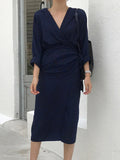 Momnfancy Fall V-neck Long Sleeve Comfy Belt Maternity Midi Dress