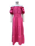 Momnfancy Rose Carmine Off Shoulder Ruched Photoshoot Flowy Empire Waist Maternity Frenulum Dress