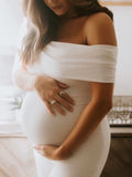 Momnfancy White Solid Color Off Shoulder Elegant Photoshoot Baby Shower Maternity Bodycon Romper Jumpsuit