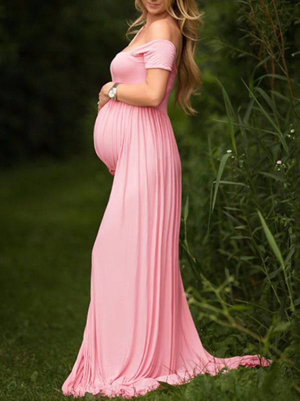 Momnfancy Short Sleeve Off Shoulder Slit For Babyshower Maxi Maternity Dress