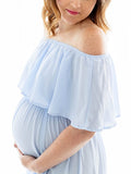 Momnfancy Baby Blue Ruffle Off Shoulder Side Slit Flowy Baby Shower Gown Elegant Maternity Photoshoot Maxi Dress