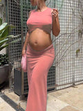 Momnfancy Pink Pleated Crop Belly Two Piece Bodycon Girl Baby Shower Beach Maternity Maxi Dress