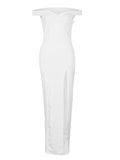 Momnfancy White Off Shoulder Side Slit Babyshower Wedding Prom Party Maternity Maxi Dress