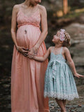 Momnfancy Lace Spaghetti Strap Big Swing Baby Shower Maternity Maxi Dress
