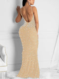 Momnfancy Black Rhinestone Pearls Spaghetti Strap Mermaid Wedding Guest Prom Bodycon Pregnancy Maternity Maxi Dress