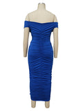Momnfancy Blue Ruched Off Shoulder Cross Chest Elegant Bodycon Baby Shower Maternity Midi Dress