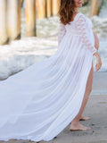 Momnfancy Patchwork Lace Off Shoulder Slit Pregnant Maternity Maxi Dress
