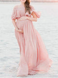 Momnfancy Ruffle Draped Off Shoulder Photoshoot Baby Shower Flowy Maternity Dress