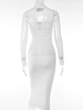 Momnfancy White Mesh Off Shoulder Corset Cut Out Bodycon Fashion Maternity Baby Shower Midi Dress