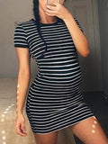 Momnfancy Striped Bodycon Round Neck Short Sleeve Maternity Cute Mini Dress